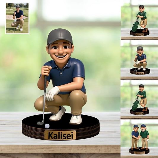 Personalized Golfer Cartoon Photo Sculpture Ornament Custom Name 2D Acrylic Golfer Photo Figurine Desk Decor Gifts for Dad Husband Grandpa Friend Golf Ball Lover Birthday Xmas (Style 5)