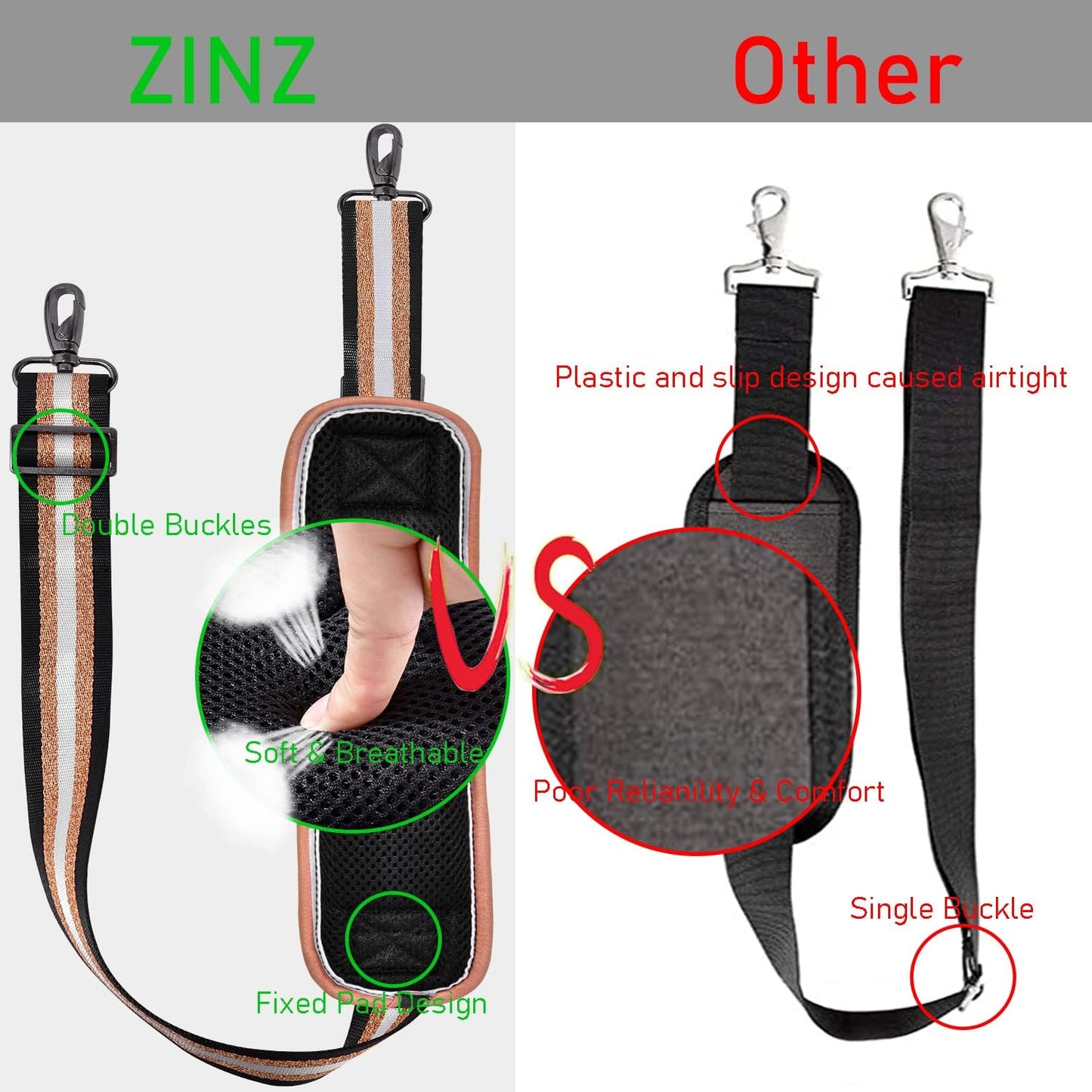 ZINZ 77 Inch Shoulder Strap Univesal Bag Strap with Fixed Pad Ultra Thick Plus Long & Breathable Cushion, Replacement Strap for Bags,Black Gold