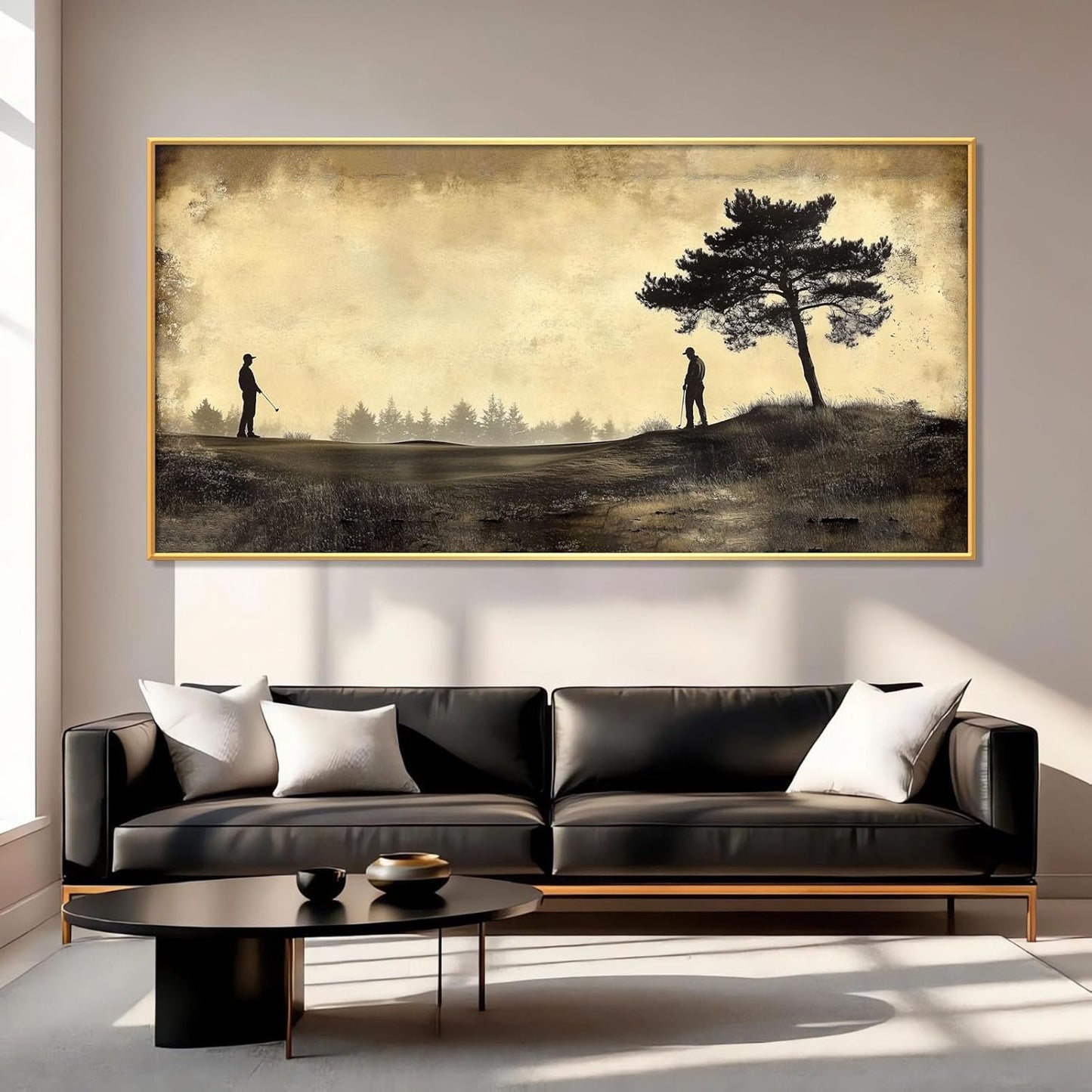 Vintage Golfers Landscape Wall Art, Golf Canvas Print, Golfers Picture Artwork for Wall, Rustic Wall Art, Horizontal Wall Decor, Vintage Sports Poster, Gift for Dad, Man Cave Decor (Gold Framed, 55"x27"|140x70cm)