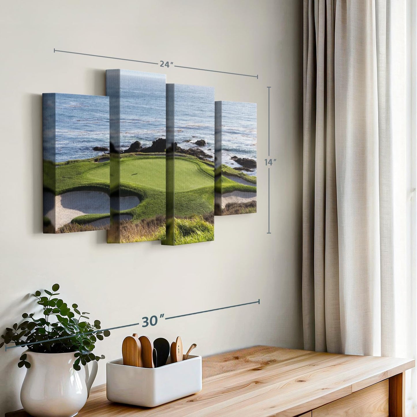 Elephant Stock Pebble Beach Golf Turf Wall Art - Horizontal Canvas - 4-Piece Hallway Wall Decor - Photographic Canvas Print - Brown and Blue Decor for Wall - 24" X 14"