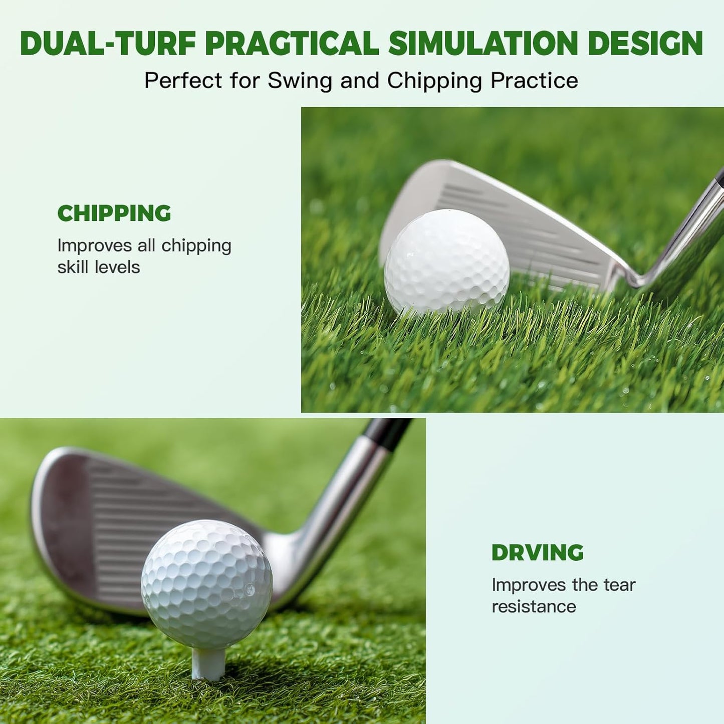 Premium Dual-Turf Golf Hitting Mat with 10mm EVA Foam & Rubber Backing, Non-Slip Anti-Deformation Heavy-Duty Design for Realistic Indoor/Outdoor Swing and Chipping Practice, Ideal Gift for Golfers