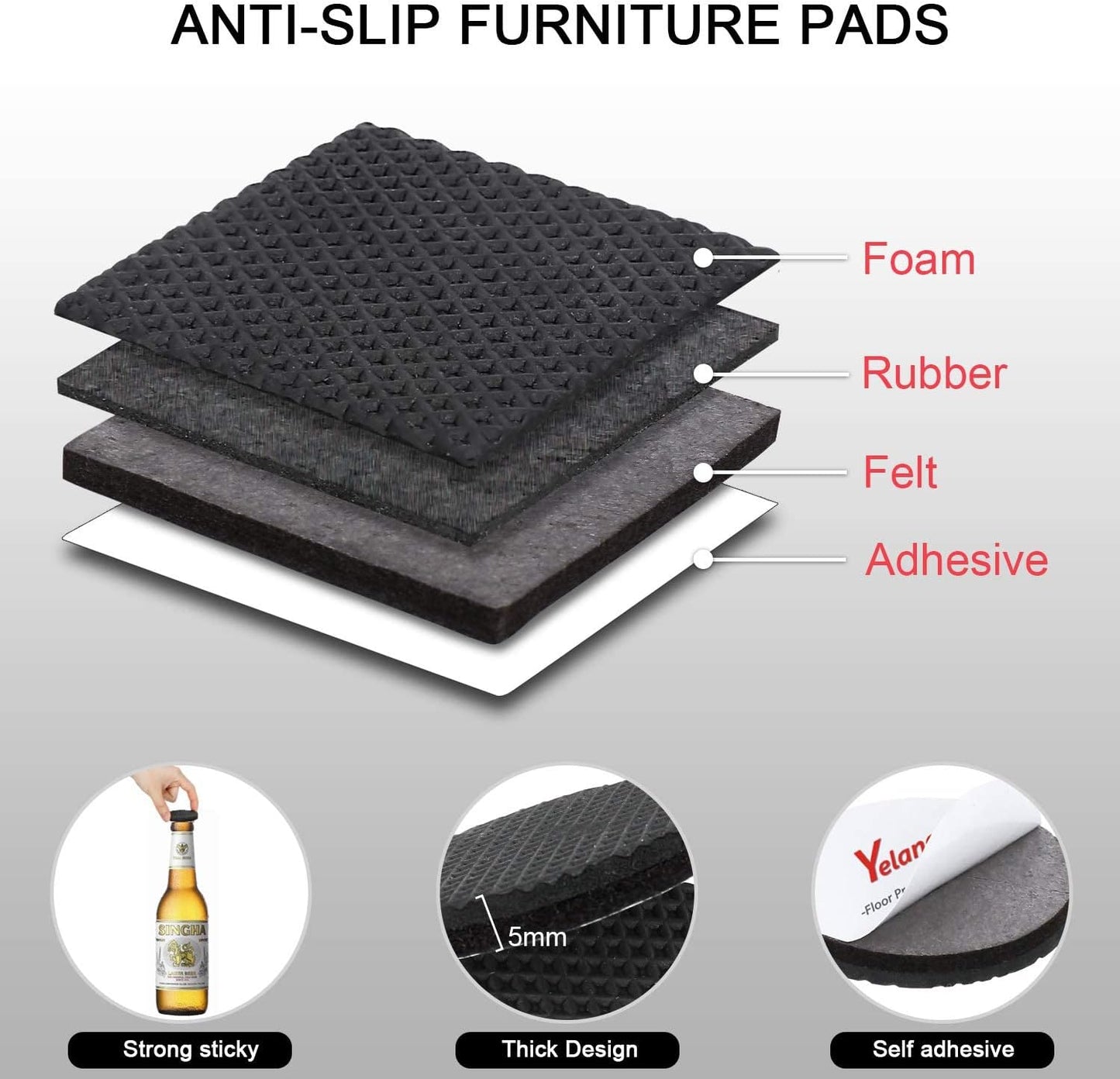 Yelanon Non Slip Furniture Pads -32pcs 1.5" Furniture Grippers Hardwood Floors, Non Skid for Furniture Legs,Self Adhesive Rubber Furniture Feet, Anti Slide Floors Protectors for Keep Couch Stoppers