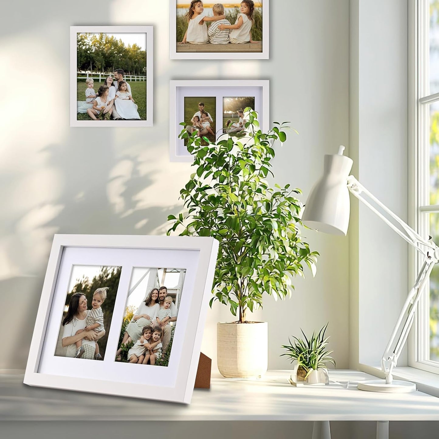 8x10 Pine Wood Collage Picture Frame Double 4x6 Picture Frame with Tempered Glass Fits 1Pc 8x10 Picture or 2Pcs 4x6 Photos With Mat For Tabletop or Gallery Wall Mounted-Bright White