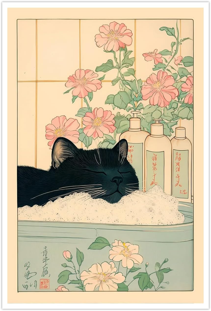 Vintage Black Cat in The Bathtub Posters Funny Bathroom Wall Art Cute Animal Lover Canvas Prints Japanese Aesthetic Neutral Minimalist Wall Decor for Restroom Toilet 20x30in Unframed