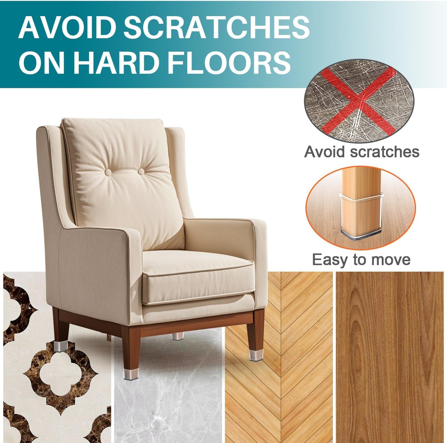 Ansible 24 Pcs Chair Leg Floor Protectors Square, Silicone Felt Furniture Leg Pads Caps Covers for Hardwood Floors (Fit:3/4" to 1")