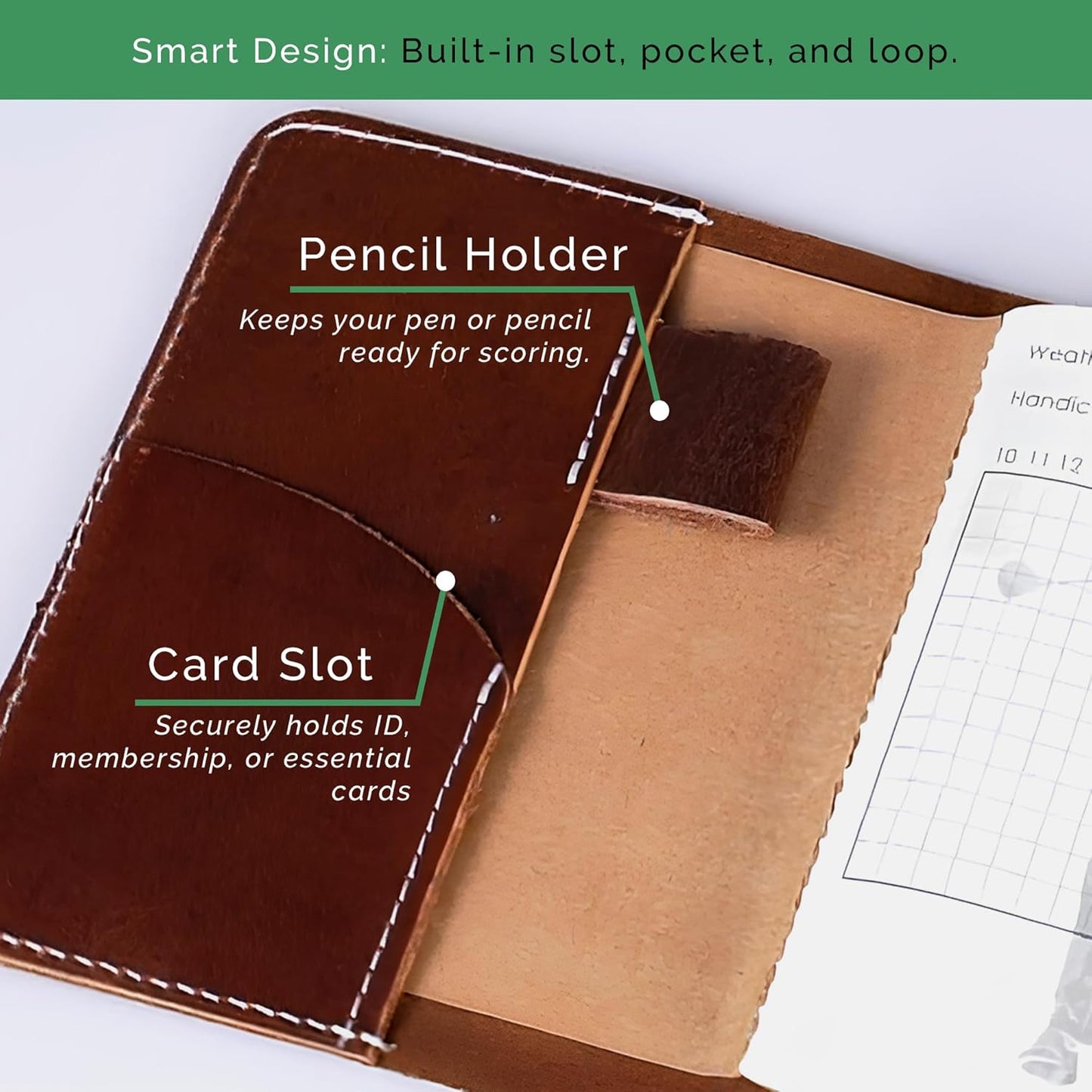Refillable Golf Scorecard Holder–Full Grain Leather Golf Yardage Book Cover w/Golf Scorecard Book, Pencil Holder & Card Slot–Great Gift for Golfers-Unique Golf Gifts for Men & Women(Pen not included)