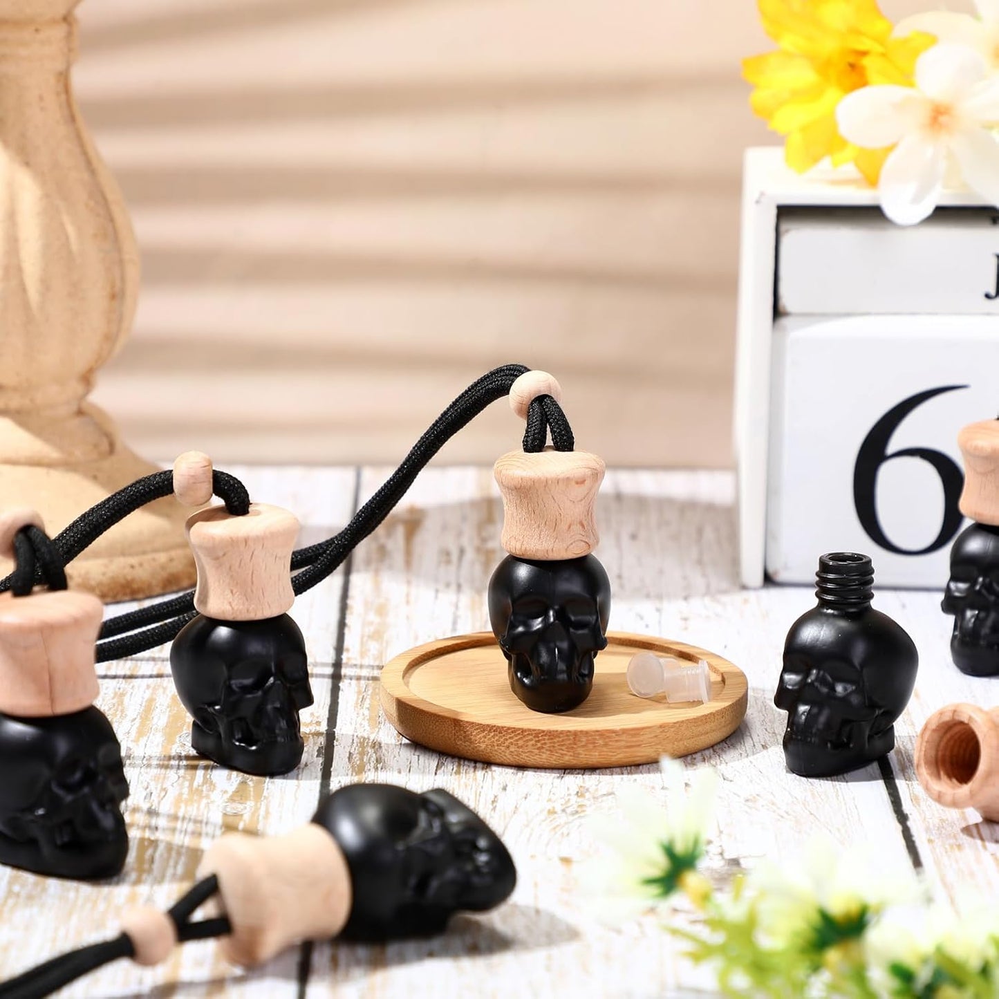 BBTO 50 Pcs Hanging Car Air Freshener Black Car Diffuser Bottles Empty Glass Perfume Bottle Freshener Diffuser Bottle Pendant for Essential Oil Fragrance Aromatherapy Bottle Ornament (Skull Head)