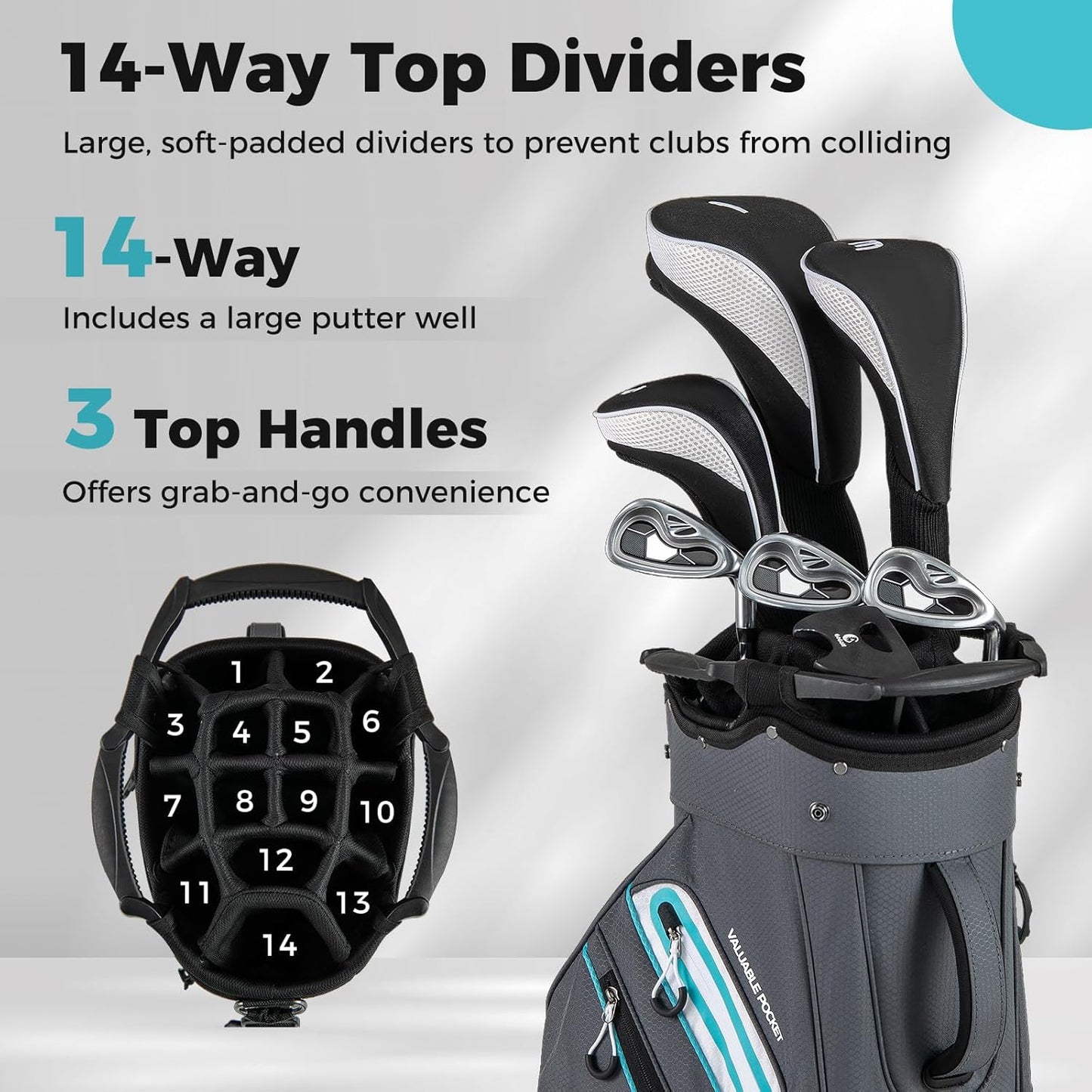 ULTIMATE Golf Cart Bag, Lightweight 14-Way Organizer Divider Top with 6 Pockets, Cooler Pocket, Rain Hood, Adjustable Shoulder Strap and Lift Handles, Portable Golf Club Bag for Men & Women