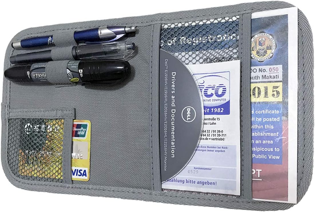 ZugGear Car Sun Visor Organizer, Auto Visor Holder Interior Accessories Pocket Organizer - Car Registration Holder Document Storage Pouch Pen holder - Grey