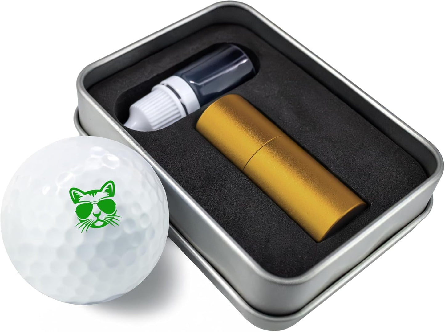 Golf Ball Marker Stamp with TiteSeal™ Technology - Cat - Metallic Box with Golf Ball Stamp + Refill Ink Bottle - Green