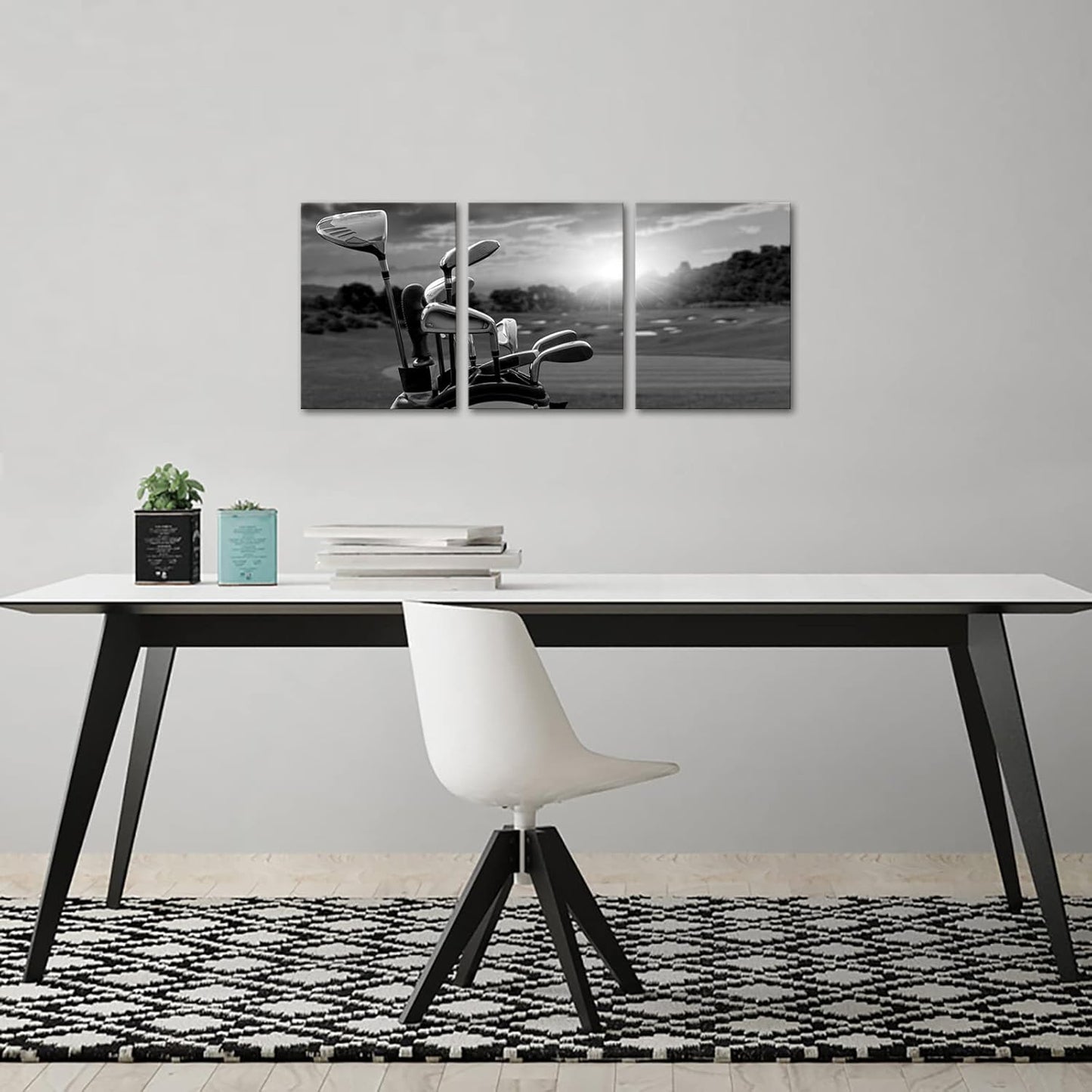 LevvArts 3 Panel Black and White Golf Canvas Wall Art Golf Course at Sunset Landscape Pictures Painting Golfing Sports Artwork Decor for Living Room Gym Ready to Hang (Small)