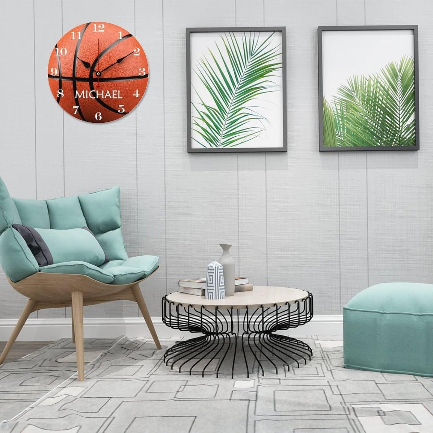 12 inch Personalized Basketball with Name Wall Clocks Battery Operated for Kids Bedrooms Nursery School Playroom Decor,Custom Kids Name Wall Clock,Sports Wood Round Clock Silent, Style-3