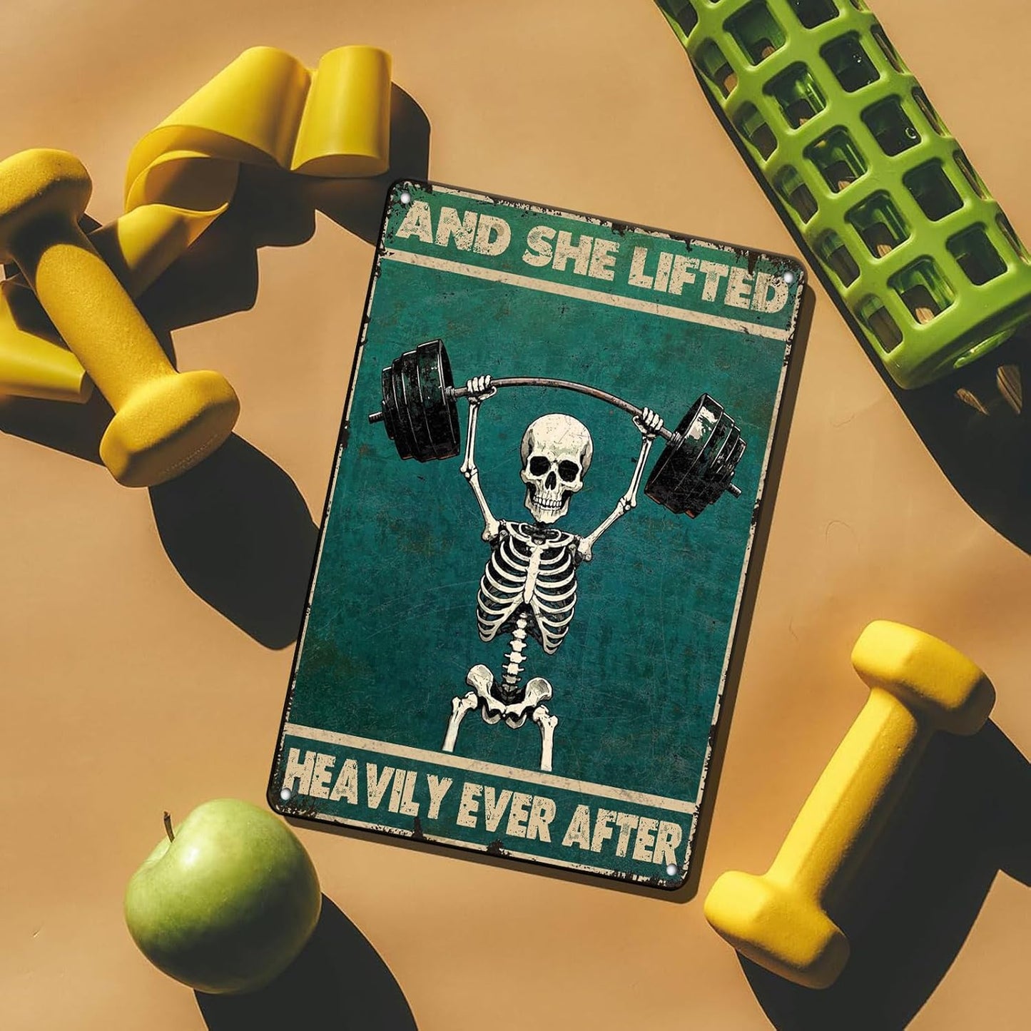 Skeleton Vintage And She Lifted Heavily Ever After Metal Tin Sign 12x16 Inch Gym Metal Poster Funny Skull Gym Tin Sign Home Kitchen Garden Bar Coffee Restaurant Bathroom Are Wall Decor