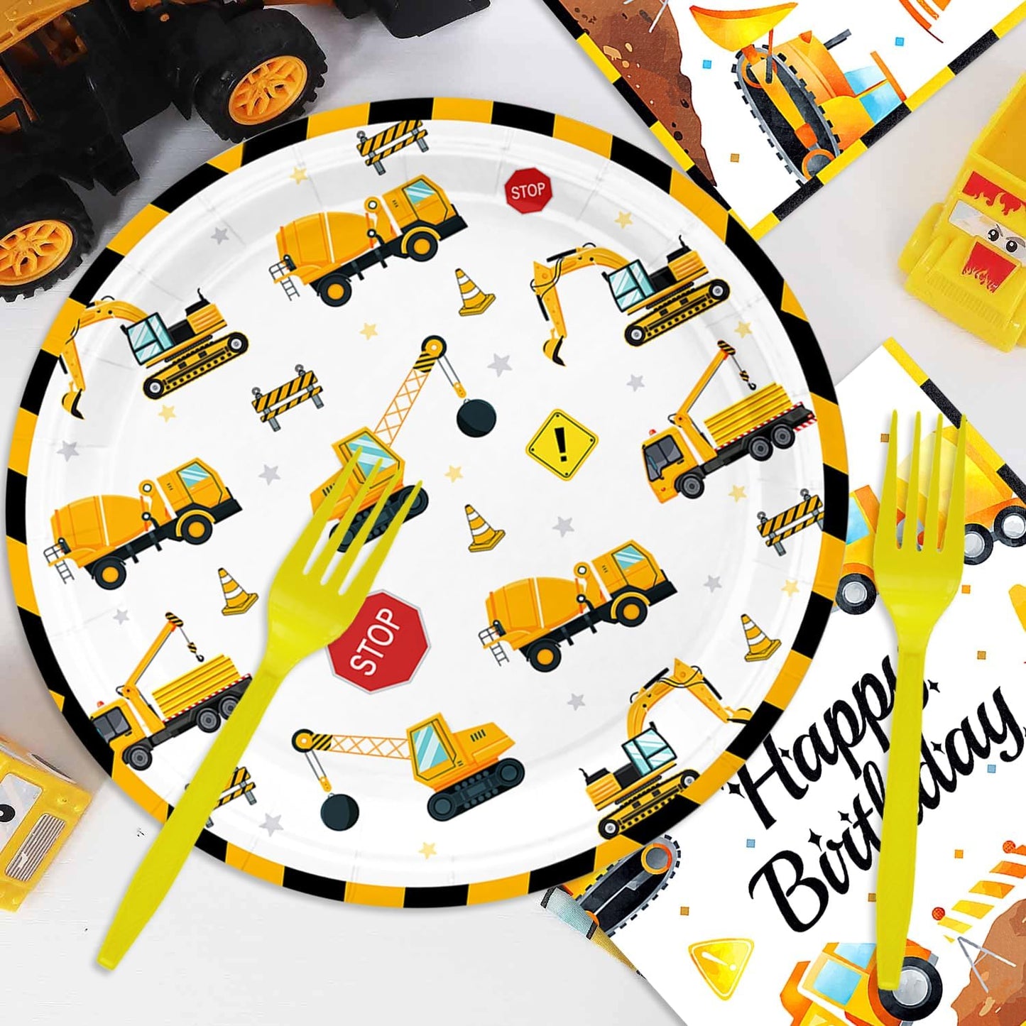 48Pcs Construction Birthday Party Supplies Excavator Birthday Decorations Including Plates and Napkins Forks Supplies Serves 16 Guests Baby Shower Construct Party Decorations