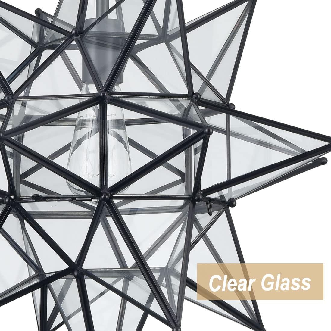 DIRYZON Boho Moravian Star Pendant Light 20 Inch Large Black Hanging Ceiling Light，Modern Clear Glass Pendant Lighting for Kitchen Island Porch Bedroom