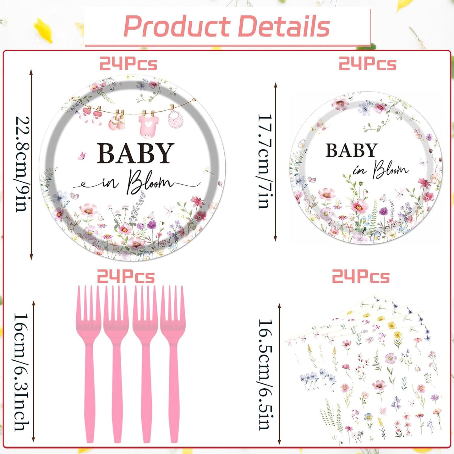 Rakuto Baby in Bloom Baby Shower Decorations Tableware Supplies, Wildflower Baby Shower Party Plates and Napkins Set, Disposable Paper Flower Dinnerware for Girls Serves 24