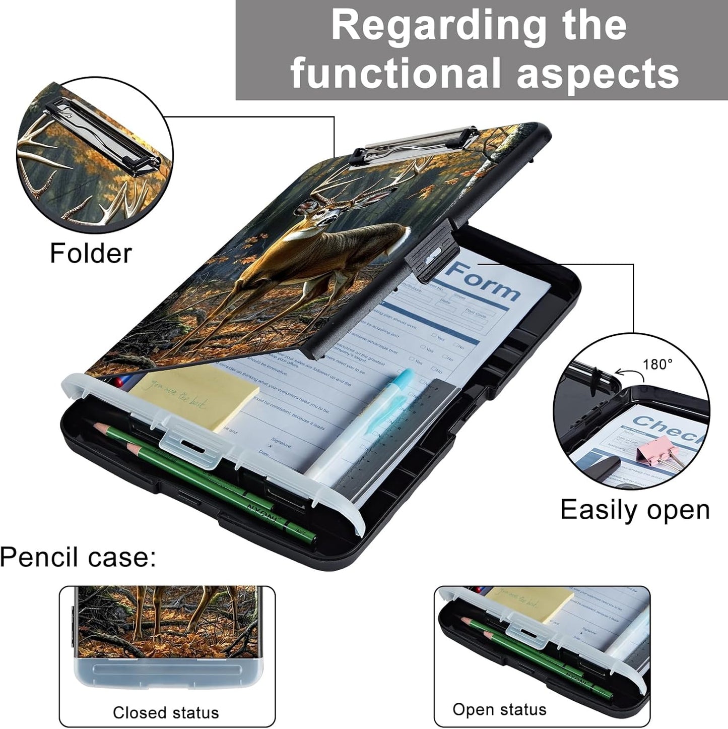 Clipboard with Storage - Large Capacity,Nursing Clipboard with Pen Holder,Heavy Duty,Plastic Side-Opening Folder for Teacher,Nurse - Forest Cute Deer