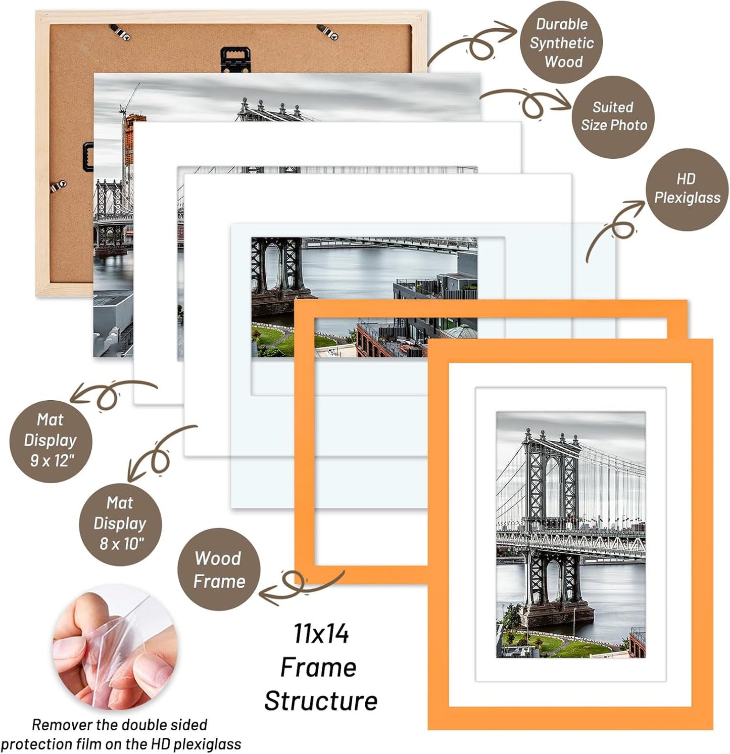 11x14 Solid Wood Picture Frames - Display 9x12 or 8x10 Pictures with or without Mat, Poster Photo Frame Art with 2 Mats for Wall Mounting or Table Top (Orange)