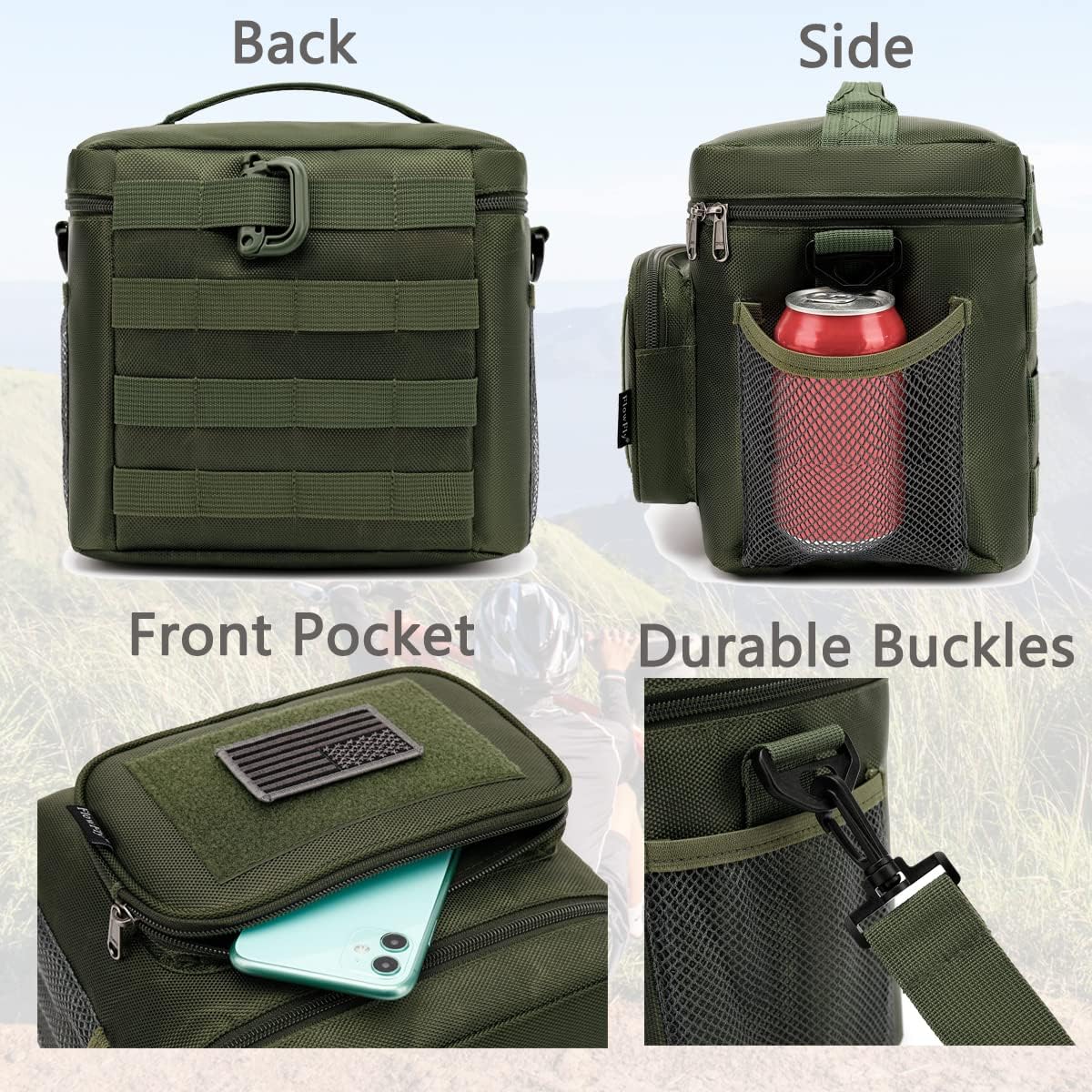 FlowFly Tactical Lunch Bag Large Insulated Lunch Box Cooler Tote for Men, Women with MOLLE/PALS Webbing (Army#Green, Medium)