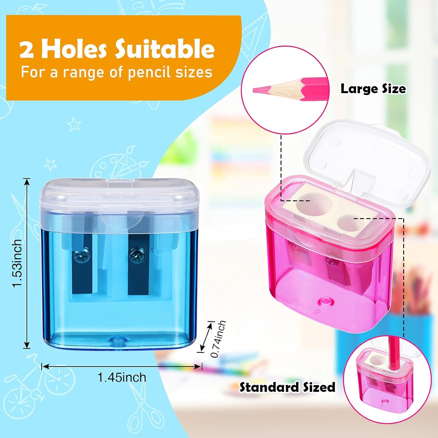 Teling 180 Pcs Manual Pencil Sharpeners Bulk Handheld Dual Holes Pencil Sharpeners for Kids Colorful Portable Compact Sharpener with Lid for Students School Class Home Office Supply
