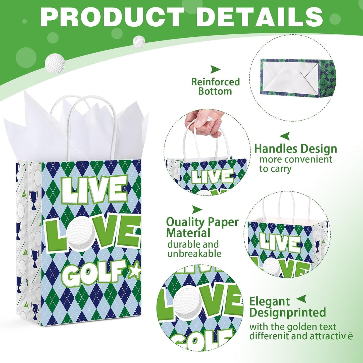 Aoriher 24 Pcs Golf Party Favor Bags with Tissue Paper Golf Goodie Gift Bags Golf Candy Treats Snack Bags with Handle for Birthday Party Supplies Decorations