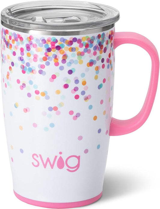 Swig Life 18oz Travel Mug, Insulated Tumbler with Handle and Lid, Cup Holder Friendly, Dishwasher Safe, Lightweight Stainless Steel Travel Coffee Cup, Glitter Tumbler, Glitter Gifts (Confetti)