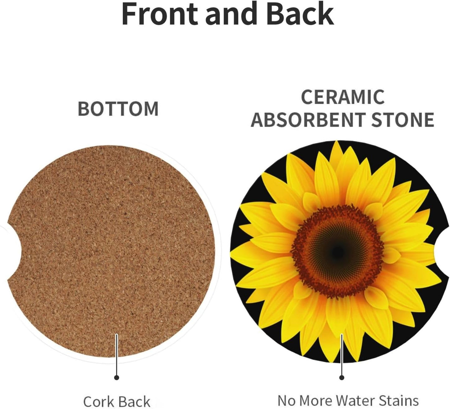 Car Cup Holder Coasters, Sunflower Sun Flower Car Coasters for Cup Holder Drinks, 2 Pack Ceramic Cute Auto Interior Accessories for Women Men