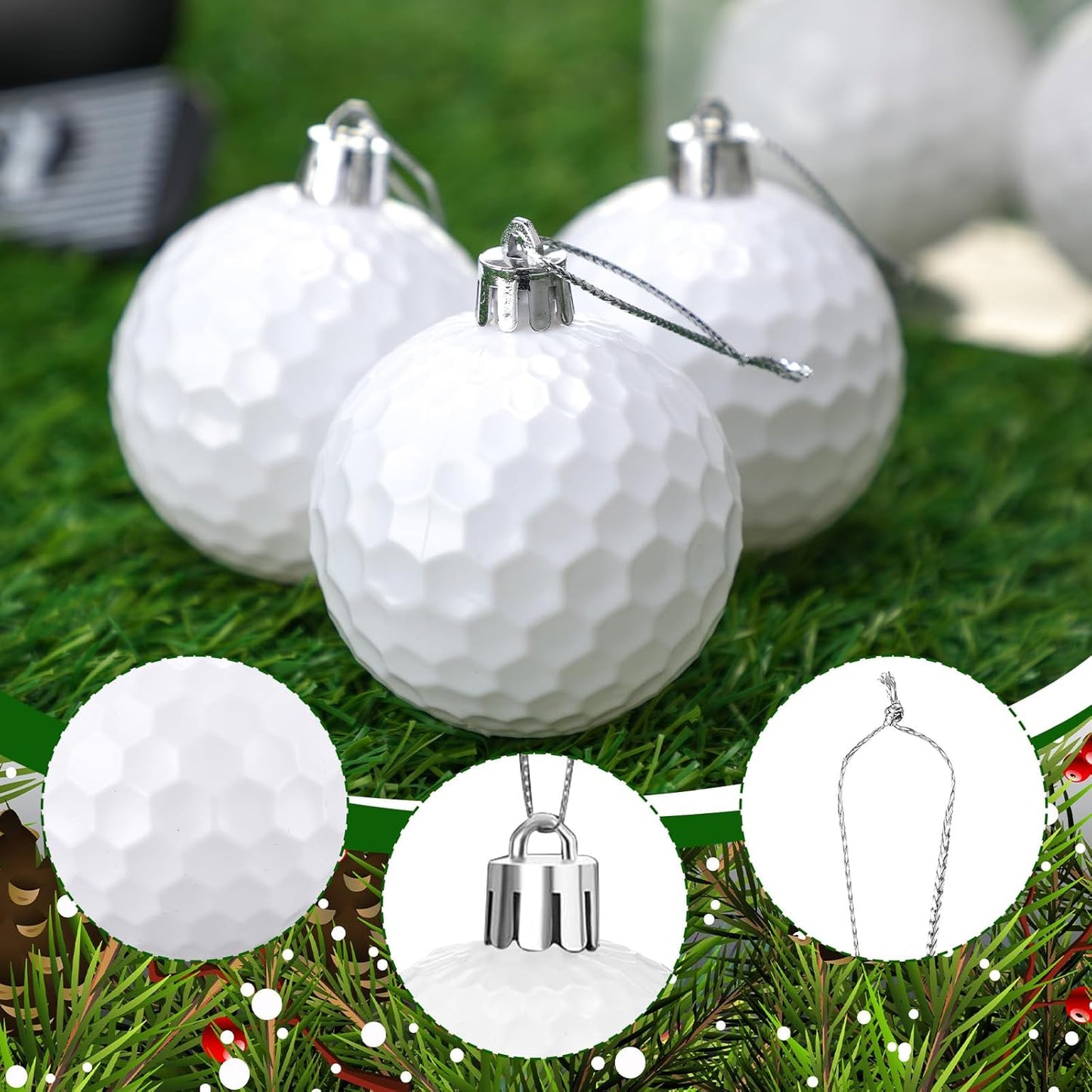 Leitee 18 Pcs Christmas Plastic Golf Ball 2.36 Inch Xmas Tree Ornaments with Hanging Loop Sports Theme Decorative Hanging Ornaments for Holiday Party Christmas Tree Home