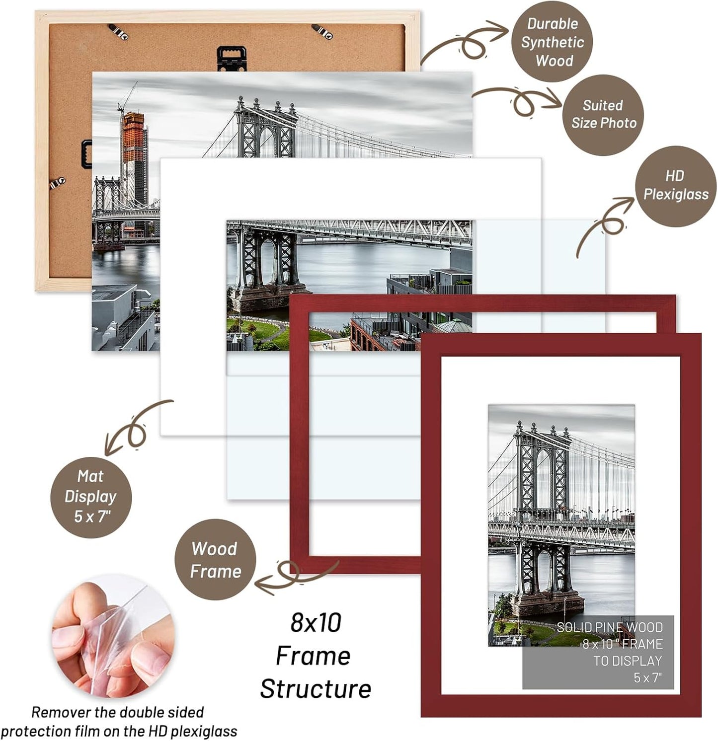 8x10 Solid Wood Picture Frames - 5x7 with Mat or 8x10 without Mat - Wall Mount or Table Top (Red)