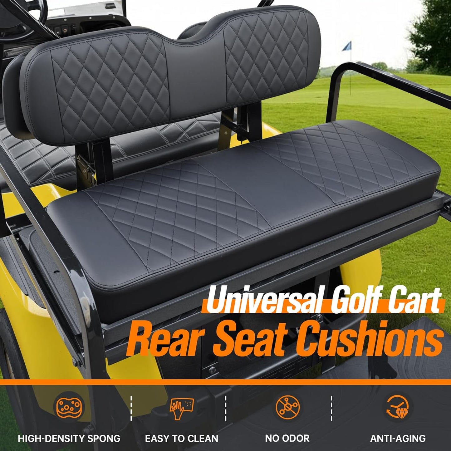 Golf Cart Rear Seat Replacement Cushion, Fits Club Car EZGO YAMAHA Rear Seat, Universal Golf Cart Back Seat Cushions Assembly- Includes Soft Seat Cushion and Back Cushion Set, Black