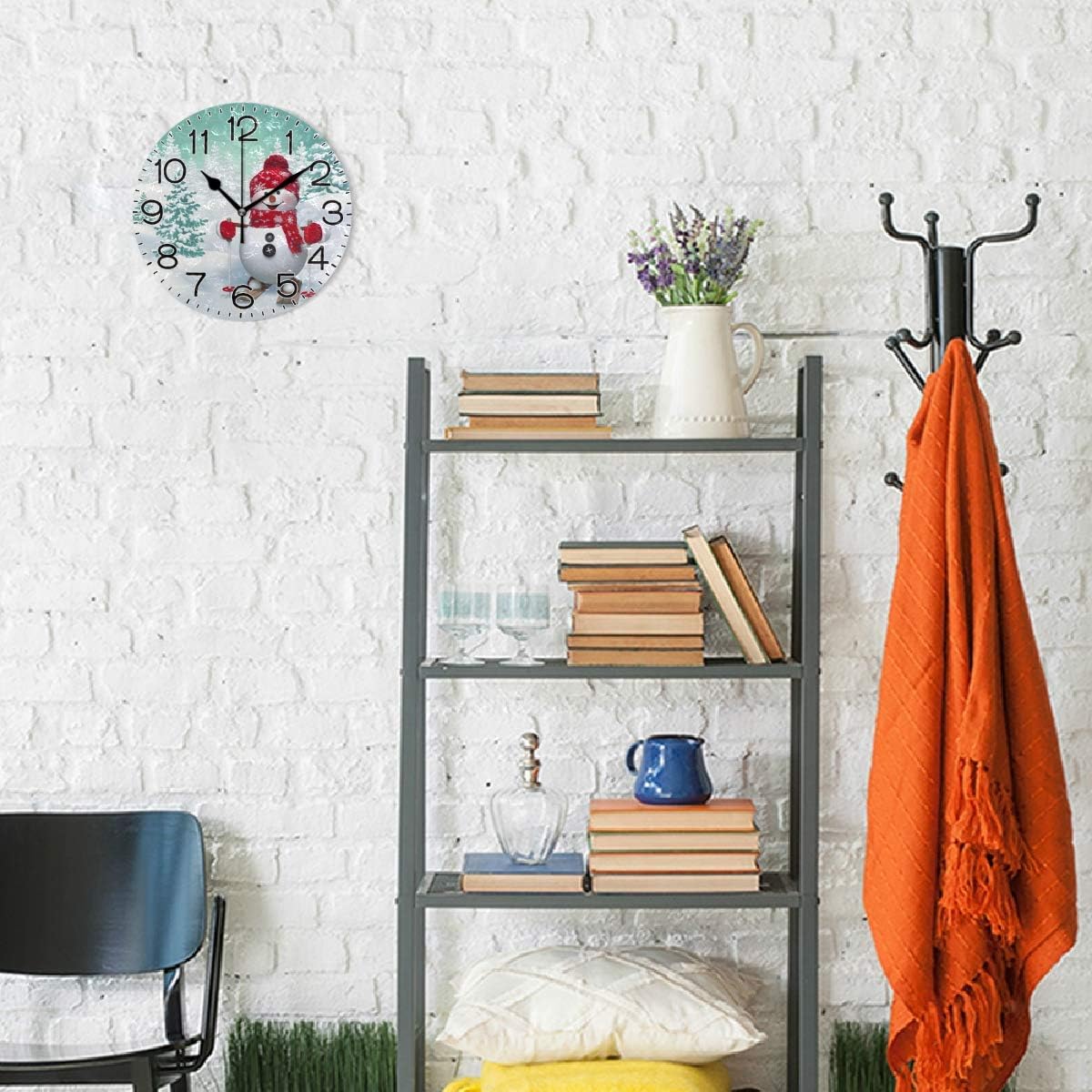Funny Snowman Skiing Wall Clock Battery Operated Non Ticking Silent Quartz Analog Rustic Farmhouse Round Clock Retro Decor for Home Kitchen Living Room Bathroom