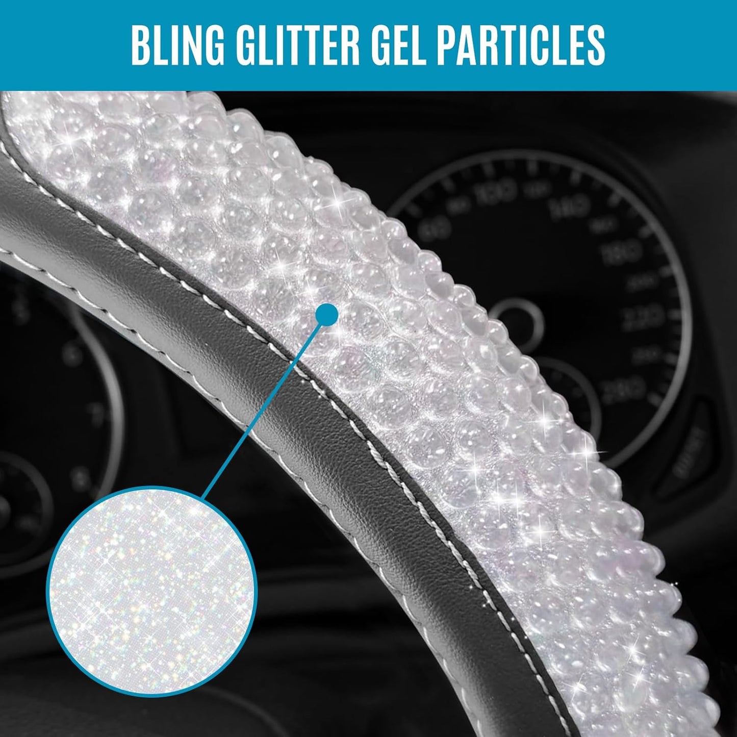 PIC AUTO Steering Wheel Cover, Glitter Gel Particles & Black Luxury Leather Car Steering Cover, Universal Fit 14.5"-15.5" Anti-Slip Car Wheels Cover for Girls & Women
