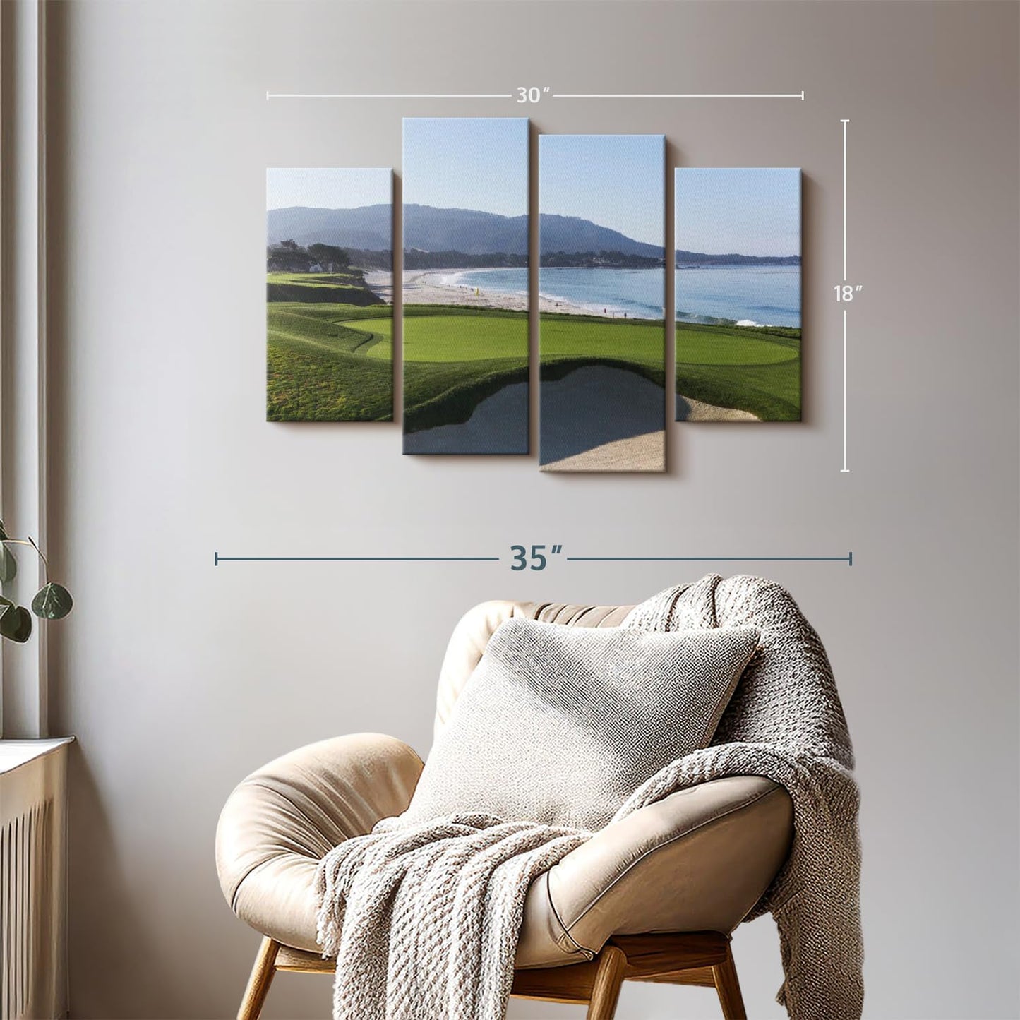 Elephant Stock Monterey CA Golf Course Wall Art - Horizontal Canvas - 4-Piece Living Room Wall Decor - Photography Sports Canvas Print - Blue and Green Decor for Wall - 30" X 18"