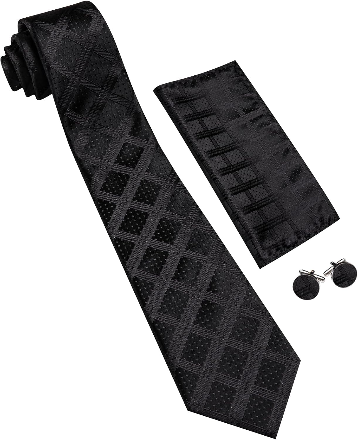 Barry.Wang Designer Classic Ties for Men Set Formal Pocket Square Cufflink Check Plaid
