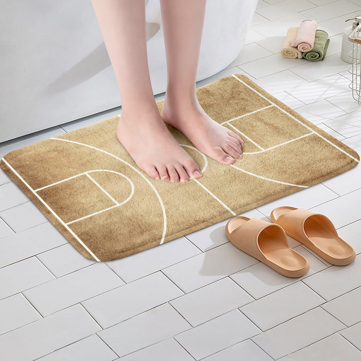 Feelyou Basketball Polyester Bath Rug Vintage Basketball Court Print Soft Fleece Door Carpet for Kids Boys Girls Ball Sports Non Slip Bath Mat Ball Games Bathroom Floor Indoor Doormat,16x24 Inch