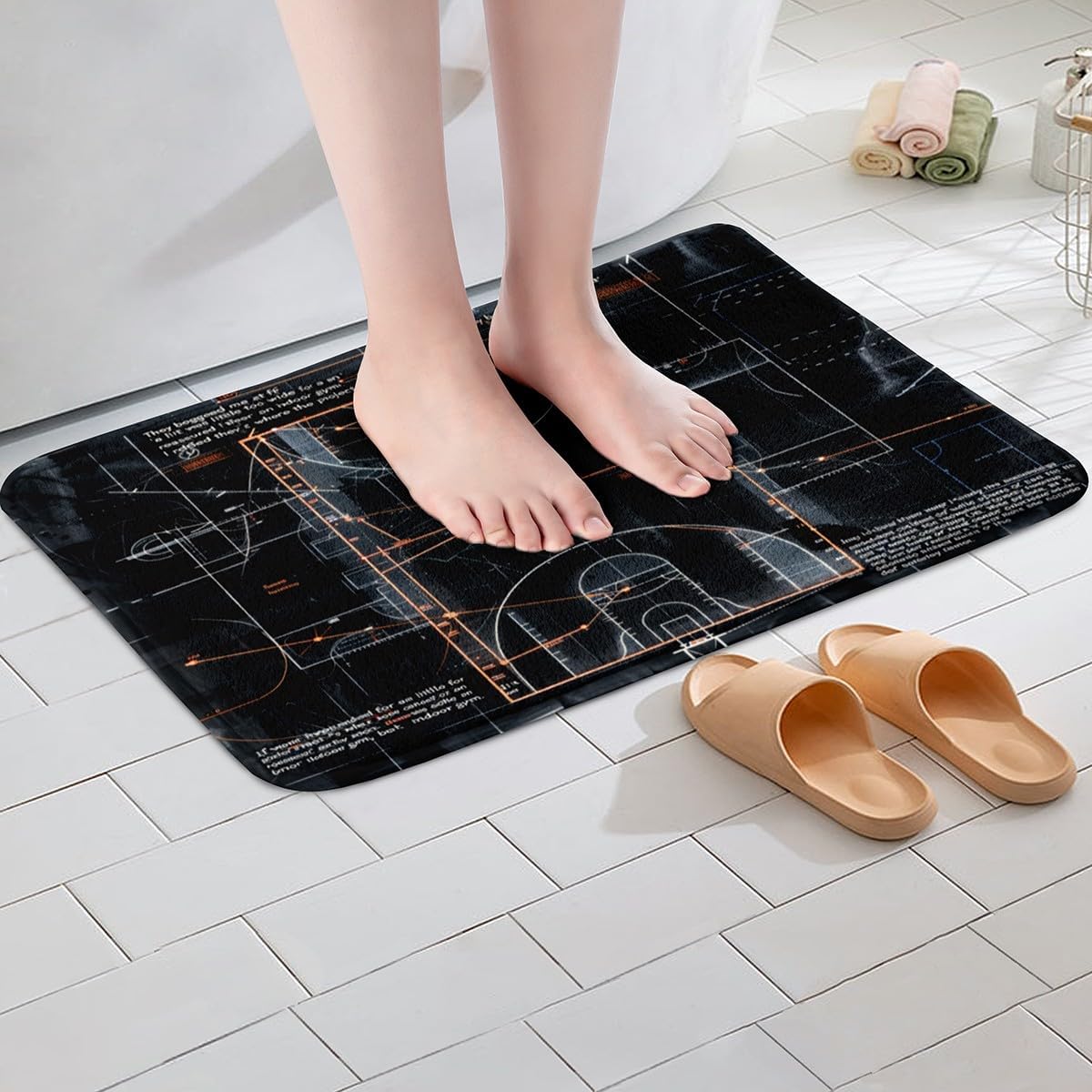 Feelyou Basketball Polyester Bath Rug Ball Sport Game Soft Fleece Door Carpet for Kids Boys Girls Basketball Court Plan Non Slip Bath Mat Sport Theme Bathroom Floor Indoor Doormat,16x24 Inch