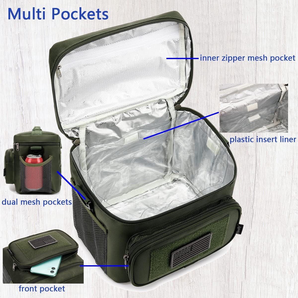 FlowFly Tactical Lunch Bag Large Insulated Lunch Box Cooler Tote for Men, Women with MOLLE/PALS Webbing (Army#Green, Medium)