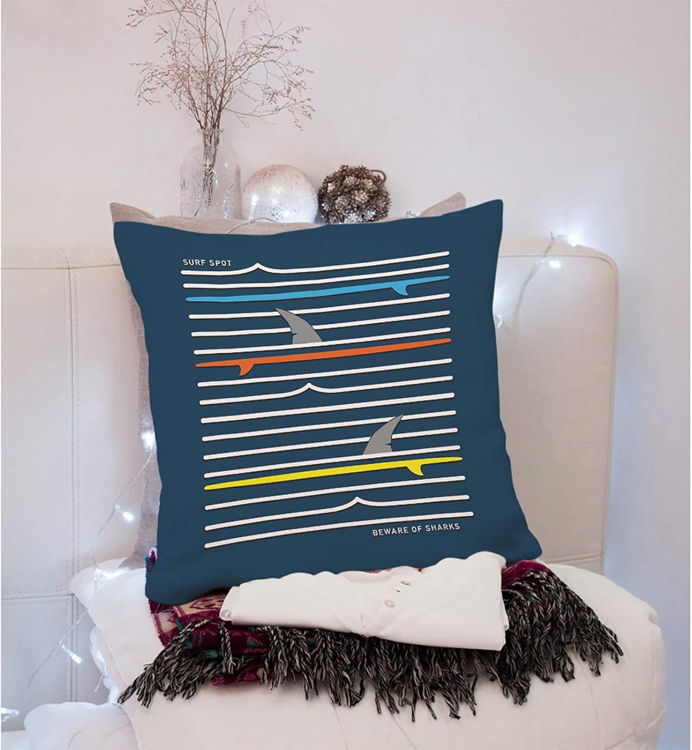Pillow Case Blue Shark Surf Tee Graphics Red Summer Beach Decorative Throw Pillow Case Cotton Linen Cushion Cover Home Brown Black 18" x 18"