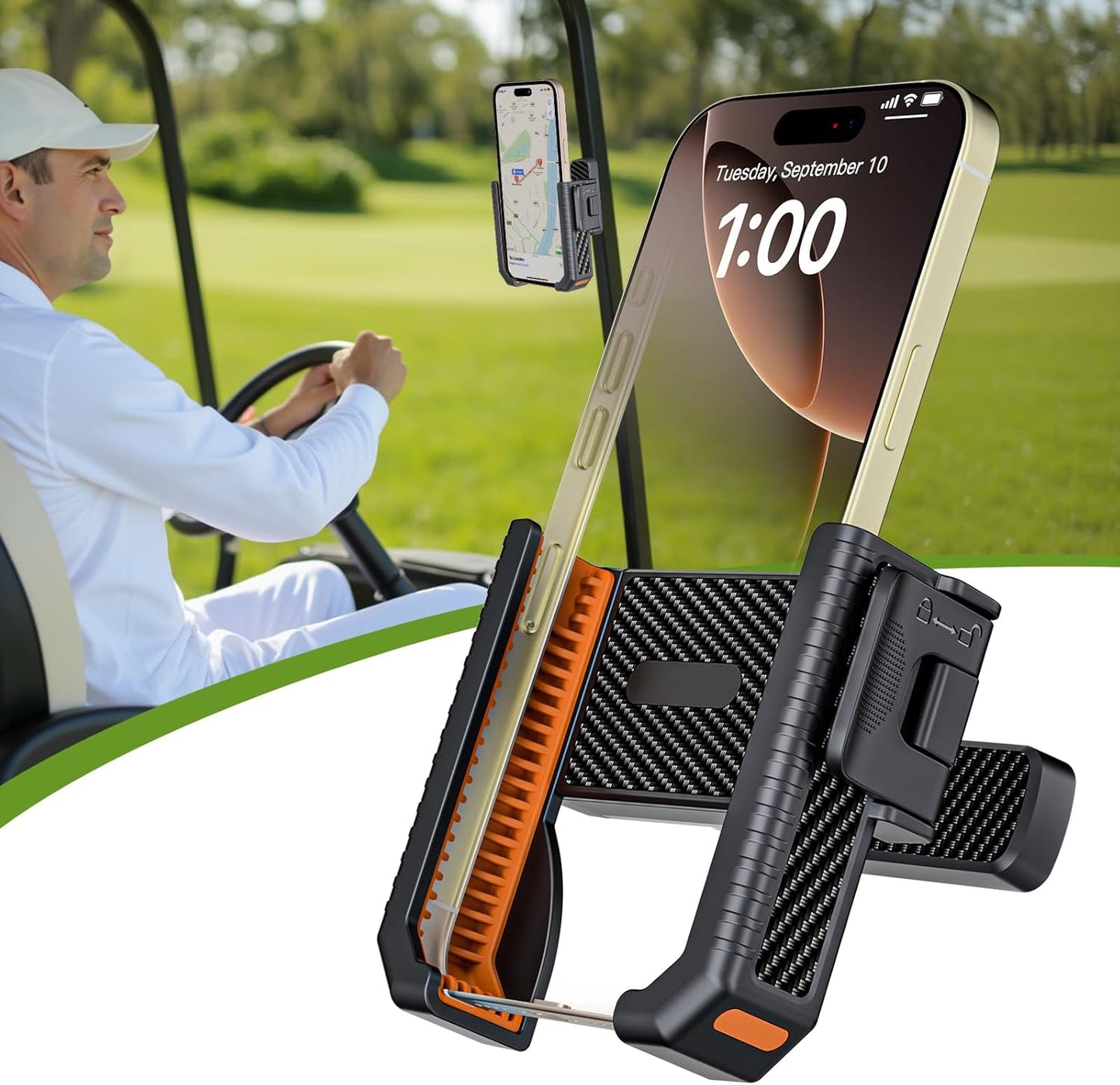 Magnetic Golf Cart Phone Holder Mount with Ultra-Strong N52 Magnets & 360°Rotation,Fit for EZGO/Club Car/Yamaha/ICON,Golf Cart Accessories Compatible for Cell Phone iPhone,Samsung & More (Orange)