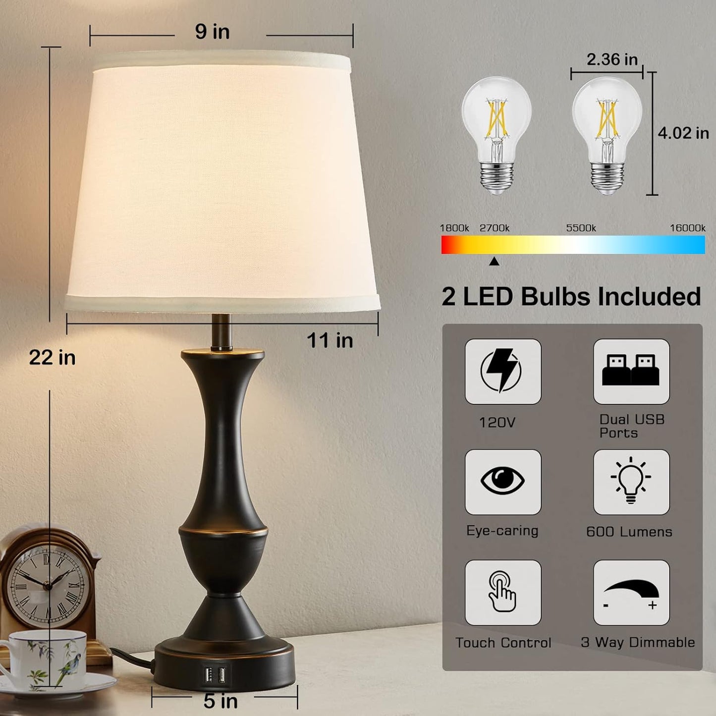 Touch Table Lamps Set of 2, 22" Tall Bedside Lamps with USB C+A Ports, 3-Way Dimmable Nightstand lamps, Table lamp for Bedrooms, Living Room, Office, Black Lamp with White Lampshade, Bulbs Included