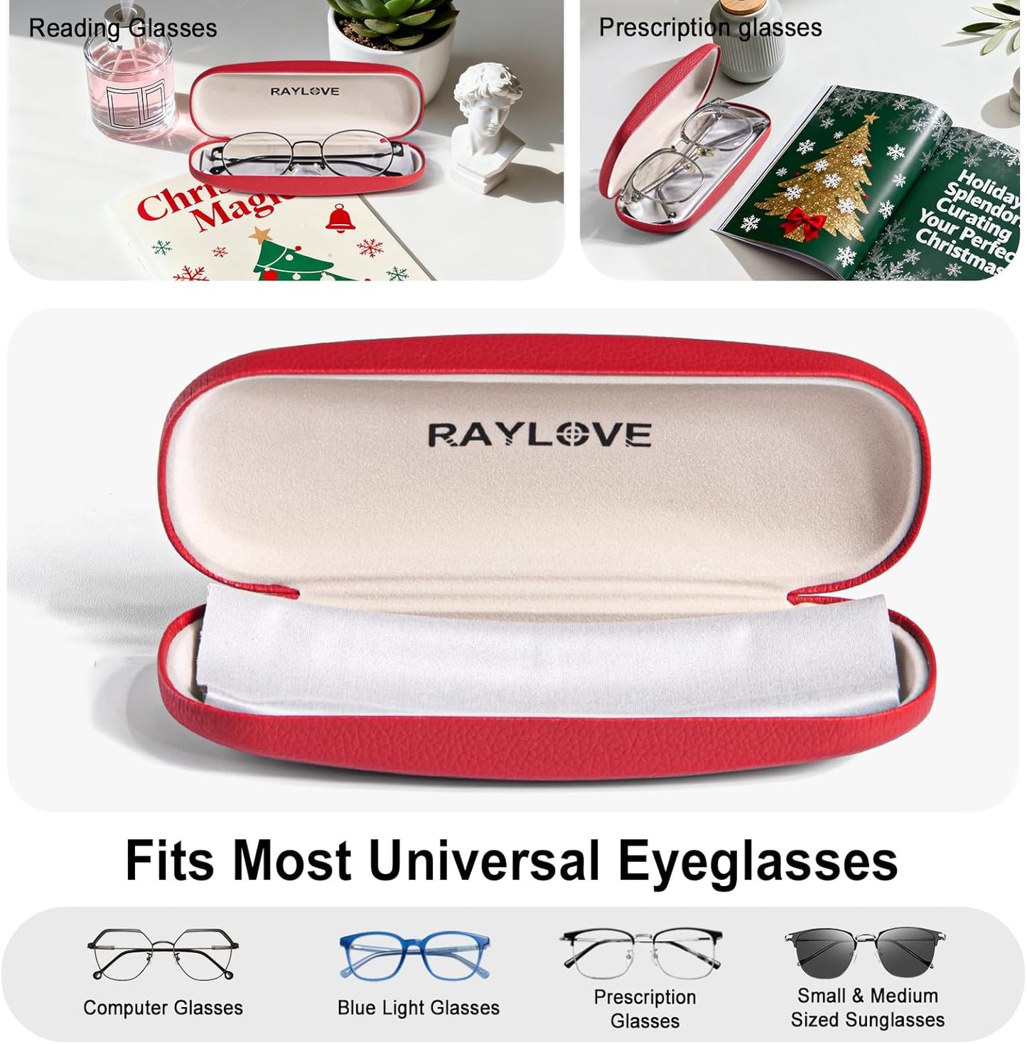RayLove Glasses Case, Unisex Hard Shell Eyeglass Case, PU Leather Protective Hard Eye Glasses Cases with Eyewear Accessories
