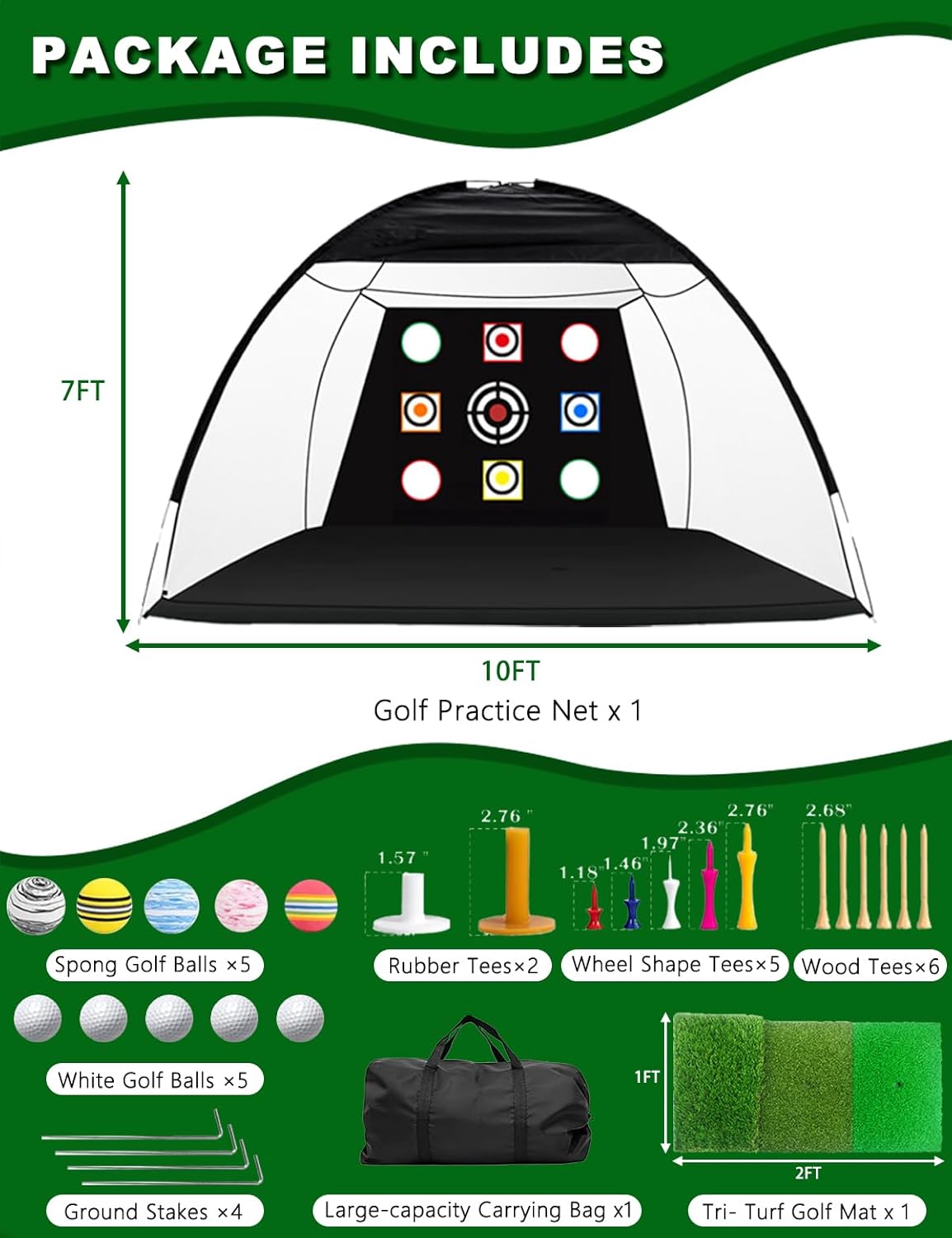 Golf Practice Net and Mat, 10x7FT Golf Net with Tri-Turf Mat & 10 Balls, Hitting Aid Nets for Backyard Driving Chipping Training Swing with Target Mat Balls for Outdoor Indoor, Gifts for Men/Dad/Him
