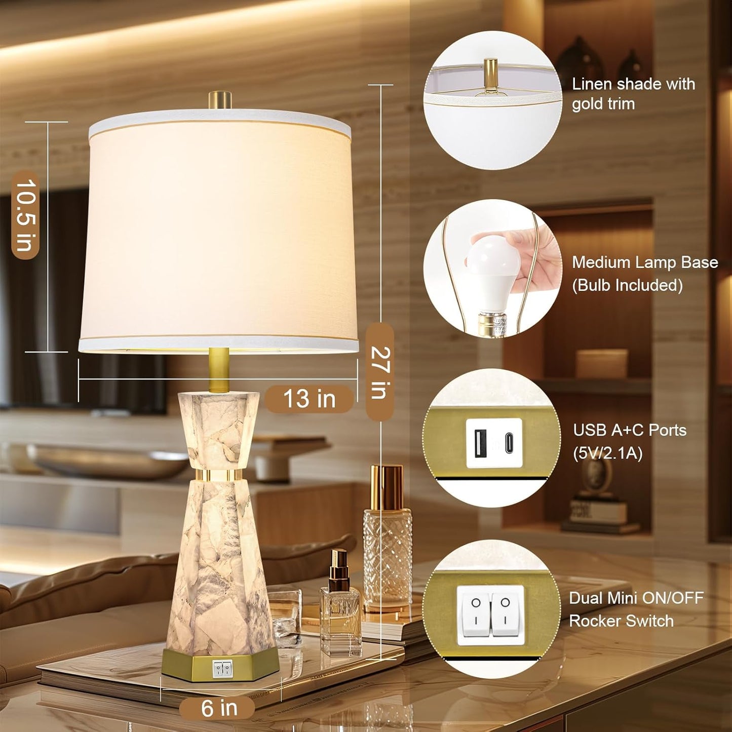 Natural Alabaster Table Lamp,Living Room Lamps Set of 2,Nightstand Lamp with Night Light,Lamps for Living Room With Linen Fabric Shade,Bedside Lamp with Usb A+C Ports for Bedroom,Hotel(Bulb Included)