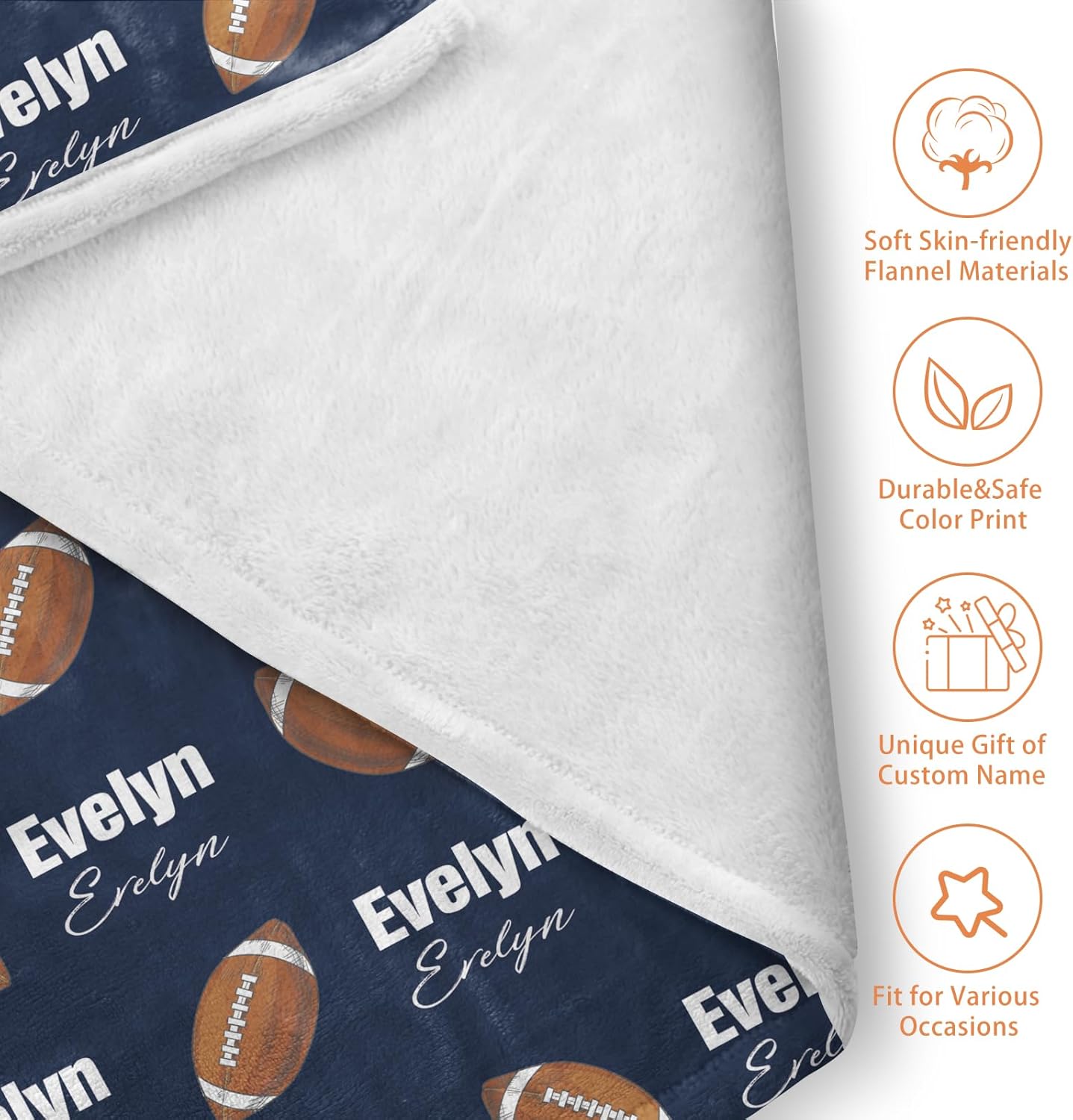 Custom Name Football Blanket - Personalized Names Soft Plush Flannel Throw Blankets for Baby Kids Teen Boys Girls Holidays Birthdays Gifts Color15