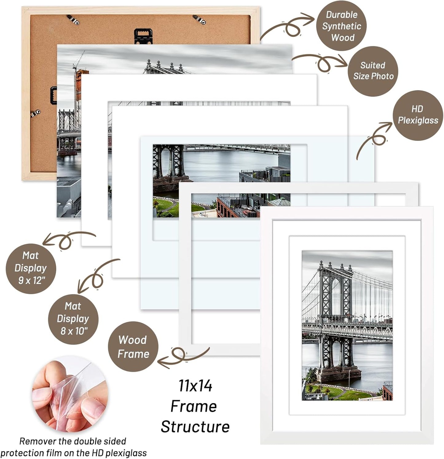 11x14 Picture Frames Solid Wood Display Pictures 9x12 or 8x10 with Mat or 11x14 Frame without Mat Poster Photo Frame Art with 2 Mats for Wall Mounting or Table Top(White)