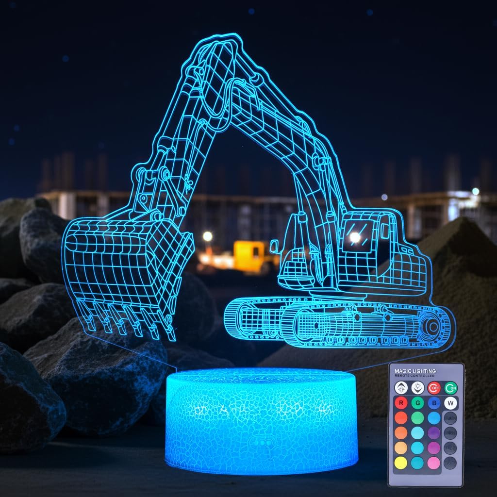 Excavator 3D Illusion Lamp for Kids, Excavator Night Light, Construction Vehicle Gifts with RGB 16 Colors Changing, Remote Control, Dimmable, Kids Room Decoration, Xmas Gifts