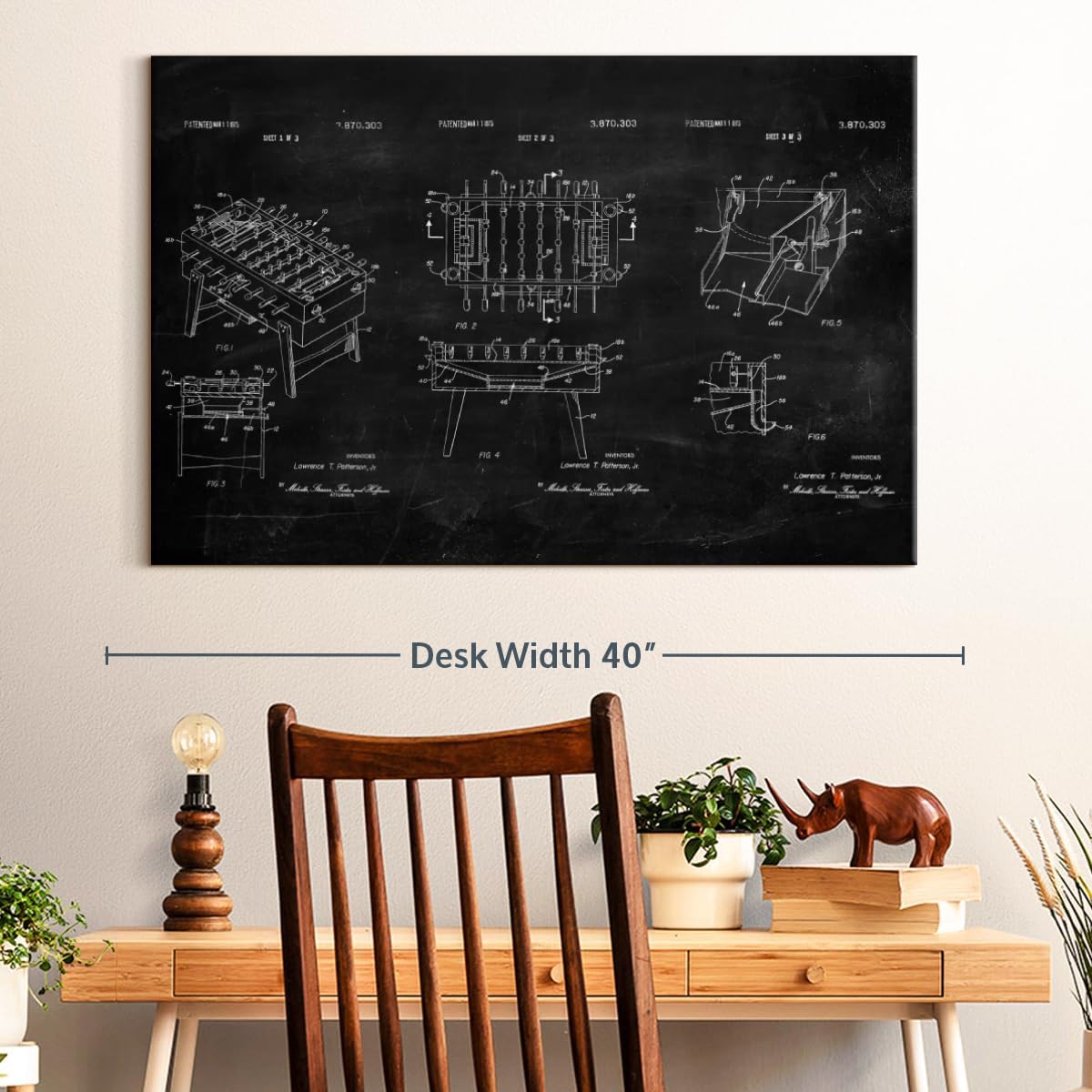 ElephantStock Soccer Table BW Patent Wall Art - Horizontal Wrapped Canvas - 1-Piece Living Room Wall Decor - Soccer Digital Art Canvas Print - Black and White Decor - 36" X 24"
