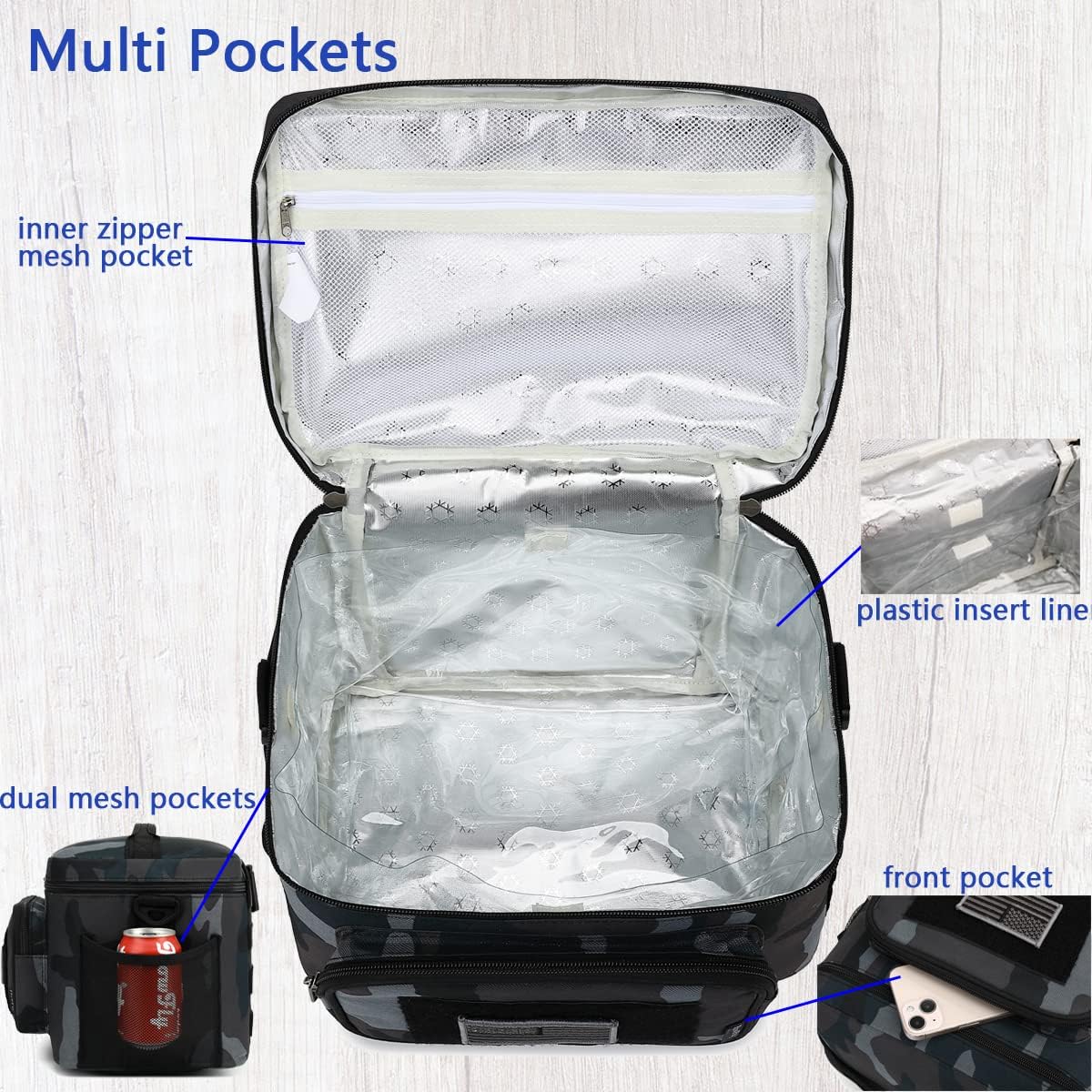 FlowFly Lunch Bag, Insulated Cooler, Thermal Lunch Box Tote with MOLLE/PALS Webbing, Adjustable Padded Shoulder Strap, for Tactical Men Women Adults and Boys Girls Kids (Black#Camo, Large)