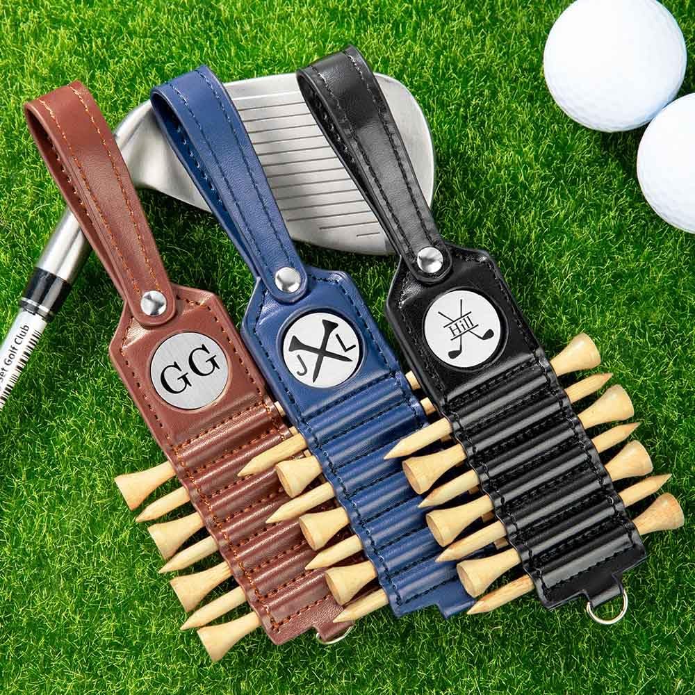 Personalized Golf Tee Holder, Leather Custom Monogram Name Golf Bag Accessory, 3 Colors Gifts for Men Women Dad Mother
