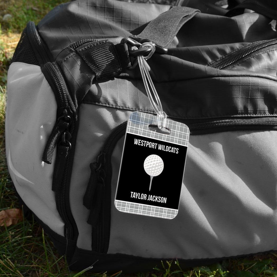 ChalkTalkSPORTS Golf Luggage & Bag Tag | Personalized Team with Golf Ball | Standard Lines on Back | Medium | Gray/Black